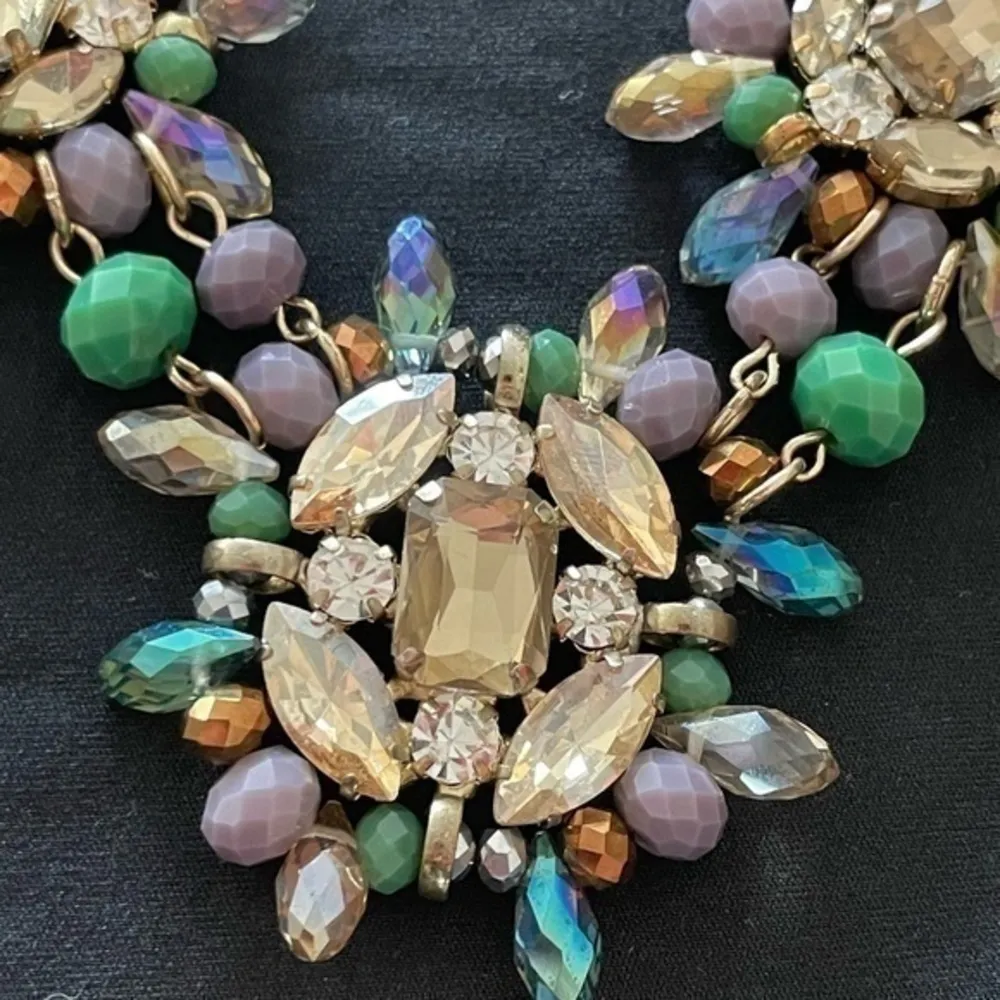 Statement Large Bejeweled Goldtone Bib Necklace Blue - Image 6