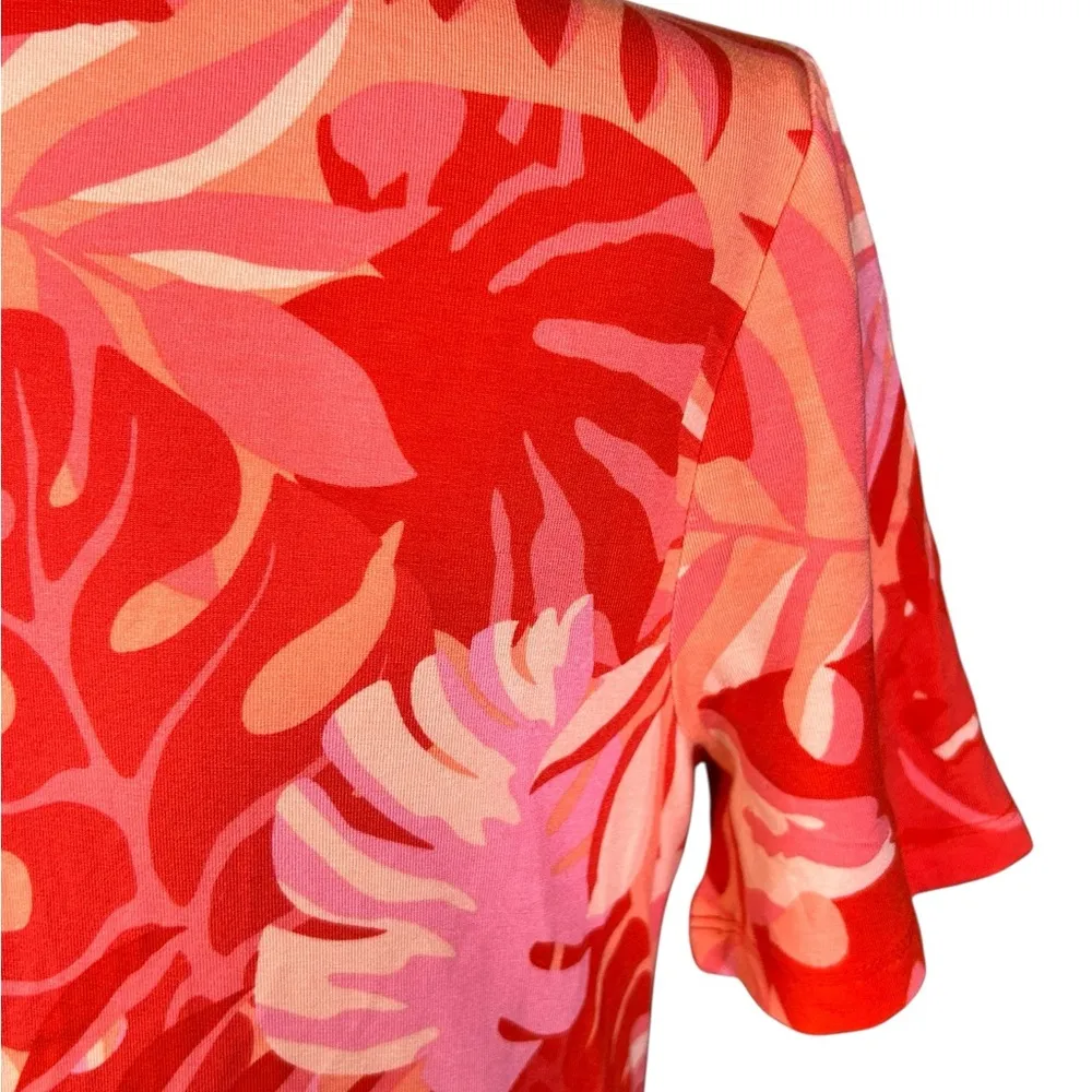 Chicos Tropical-Print Side-Tie Dress Size 1 8/10 Jersey Knit Midi Red Pink - Image 4