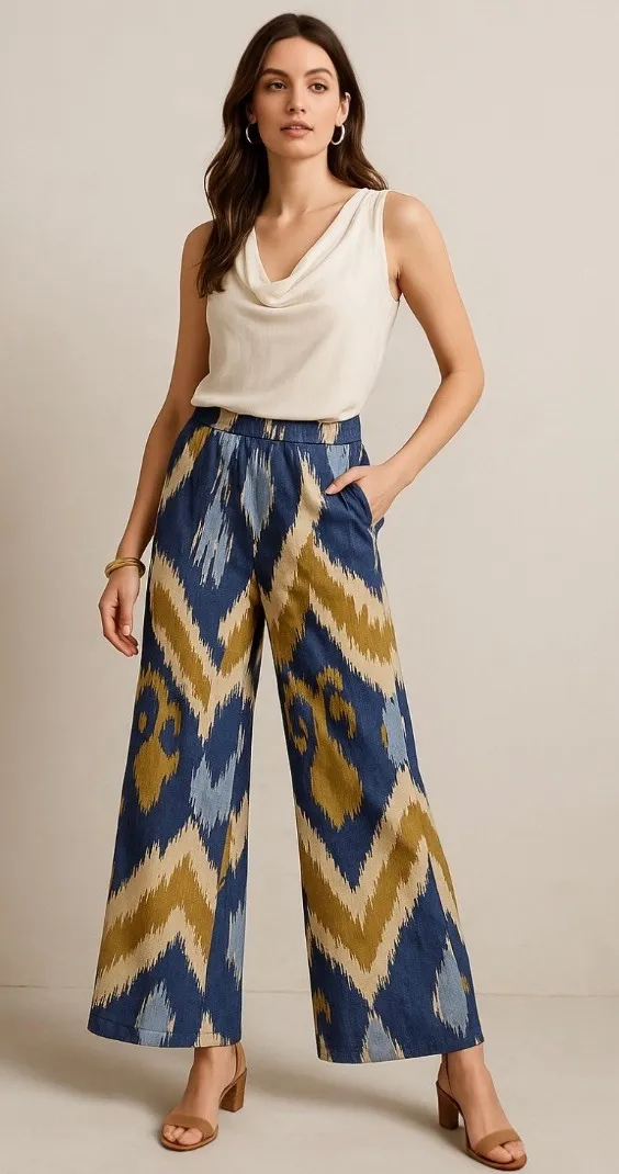 Peruvian Connection Women Ikat Wide Leg Pants XL Blue Beige Pima Cotton Boho - Image 1