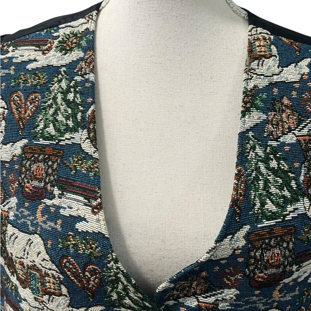 Vintage 90s Bobbie Brooks Winter Holiday Cabin Snow Tapestry Vest - Image 3