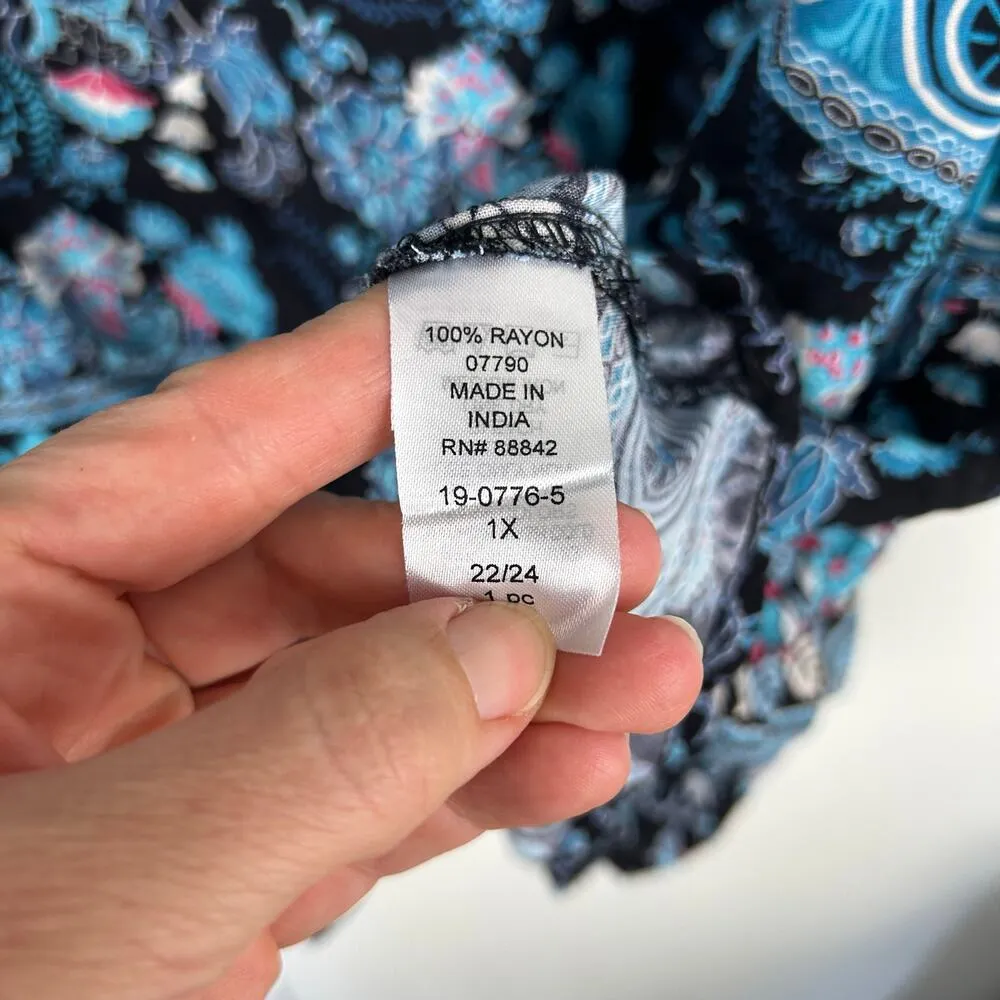 Chelsea Studio Short Sleeve Shirt Size 1X 22/24 Tie Front Tassel Blue Floral - Image 7