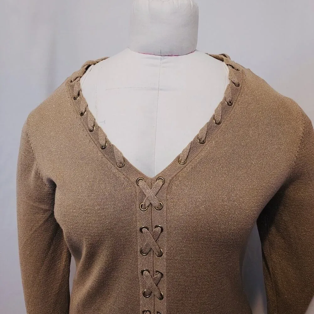 Allison Brittney Sparkly Metallic Gold Lace Up Bodycon 3/4 Sleeve Sweater Dress - Image 5