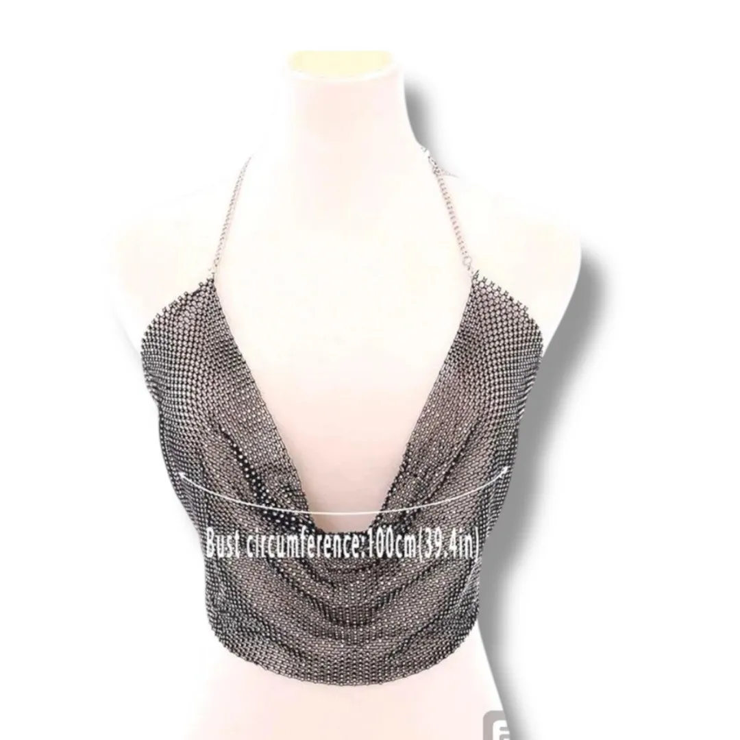 | Sliver Mesh Rhinestone Halter Crop Top w/ White Tie-Back Straps | Small - Image 2