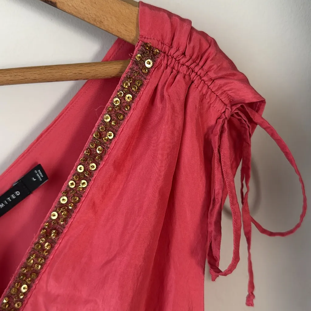 The Limited 100% Silk Coral Pink + Gold Beaded Layered Ruffle Blouson Tank Top - Image 6