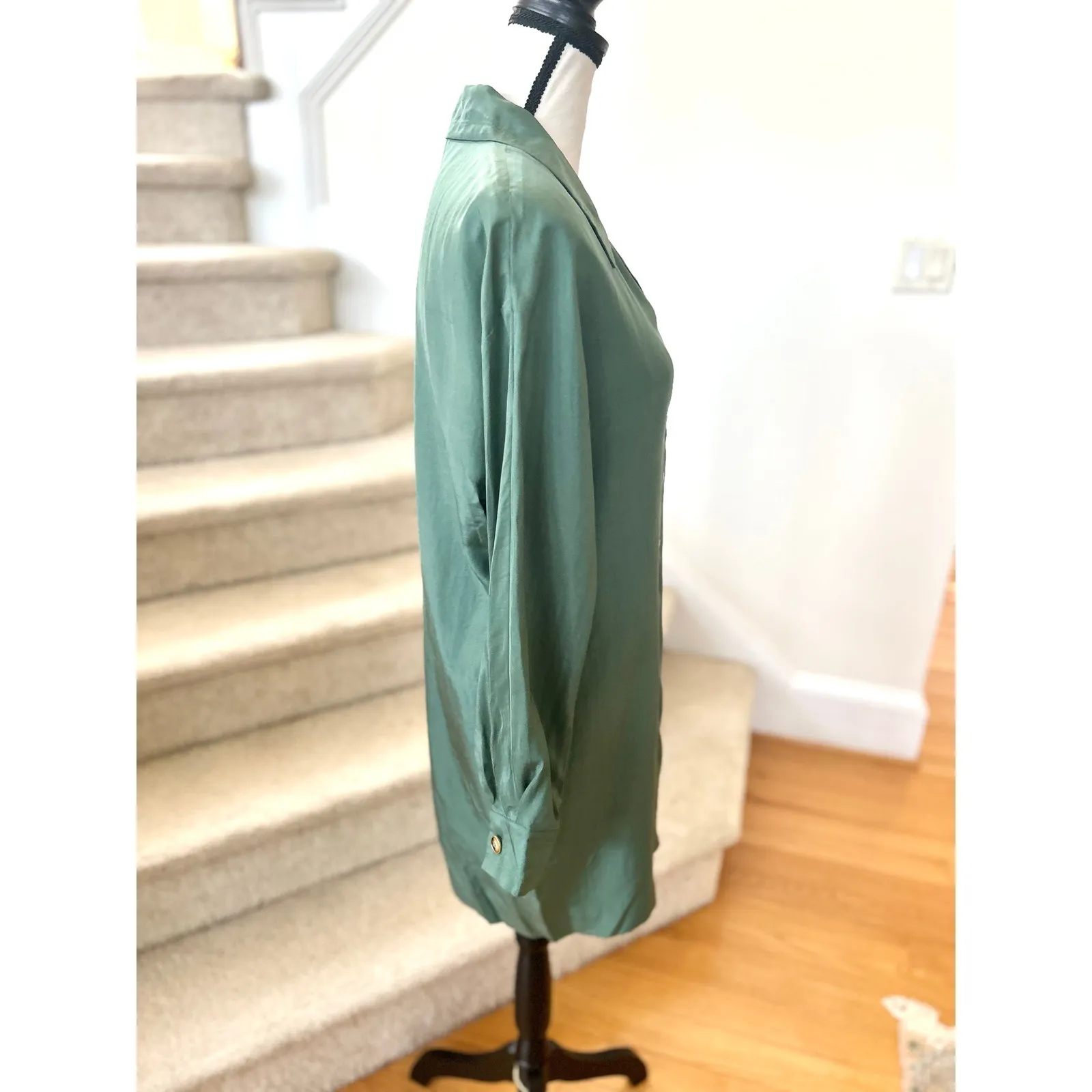 Vintage Sage Green Silk Tortoiseshell Button Long Sleeve Shirt Dress Size 8 - Image 4