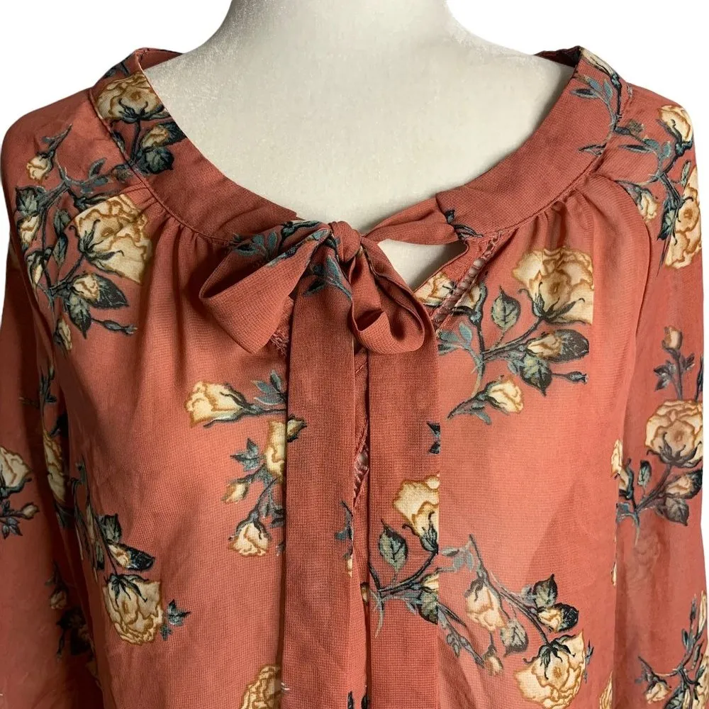Milk & Honey Boho Floral Blouse M Dark Pink Tie Neck Sheer Balloon Sleeves - Image 2