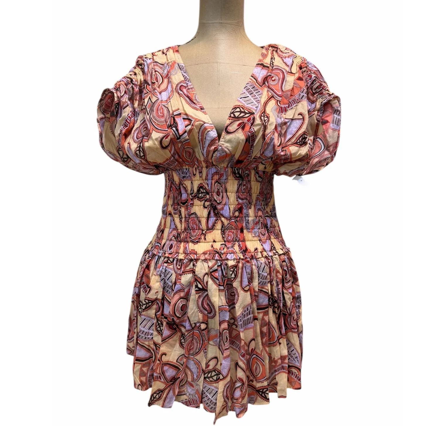 A.L.C. Mini Dress Luna Smocked Peach Multicolor Fit and Flare 100% cotton size 2 - Image 3