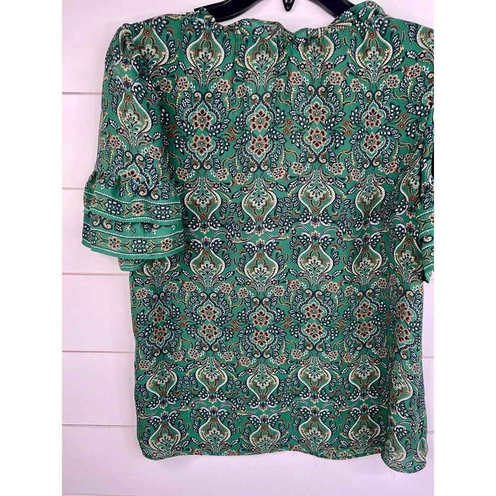 Max Studio Green  Peasant Blouse Ruffle Detail Patterned Short Sleeves Size M - Image 9