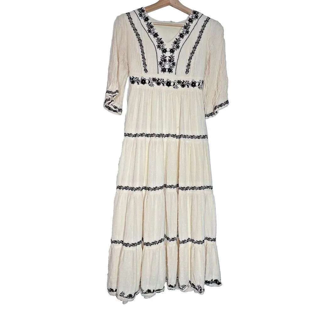 Stevie Hender Ivory embroidered women drop  bohemian shoulder midi dress size S - Image 12
