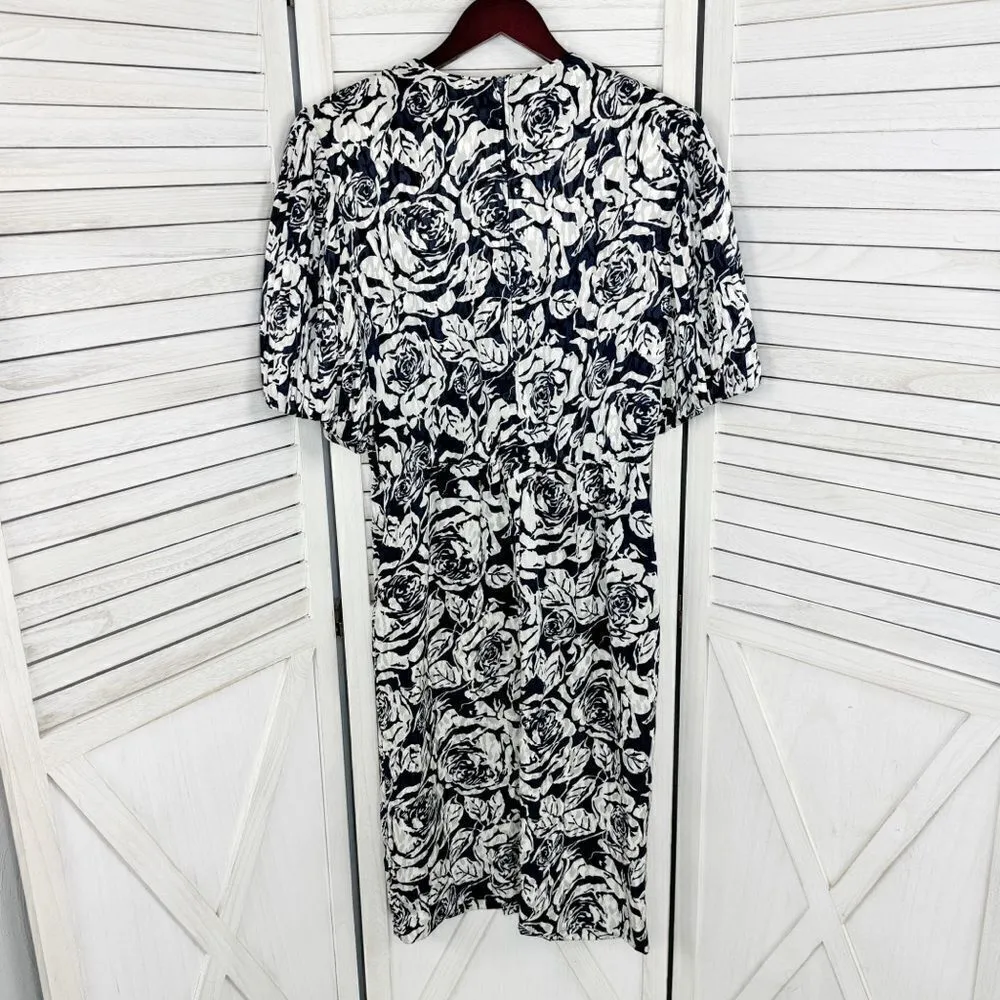 Vintage‎ Henry Lee Floral Satin Jacquard Pleated Puff Sleeve Dress Blue White 12 Blue - Image 10