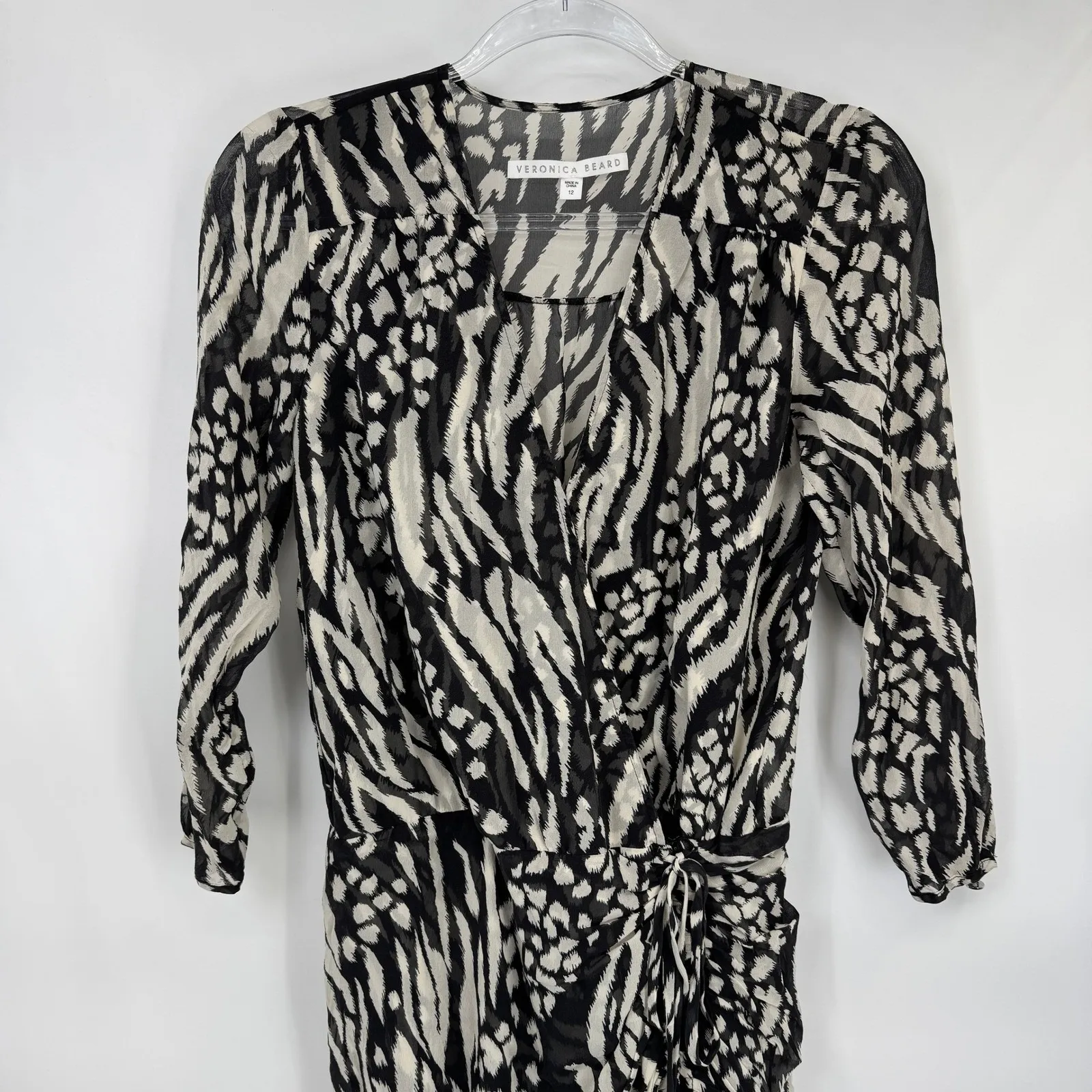 VERONICA BEARD Kiran Ruched Long Sleeve Flounce Dress Womens 12 Black White Silk - Image 3