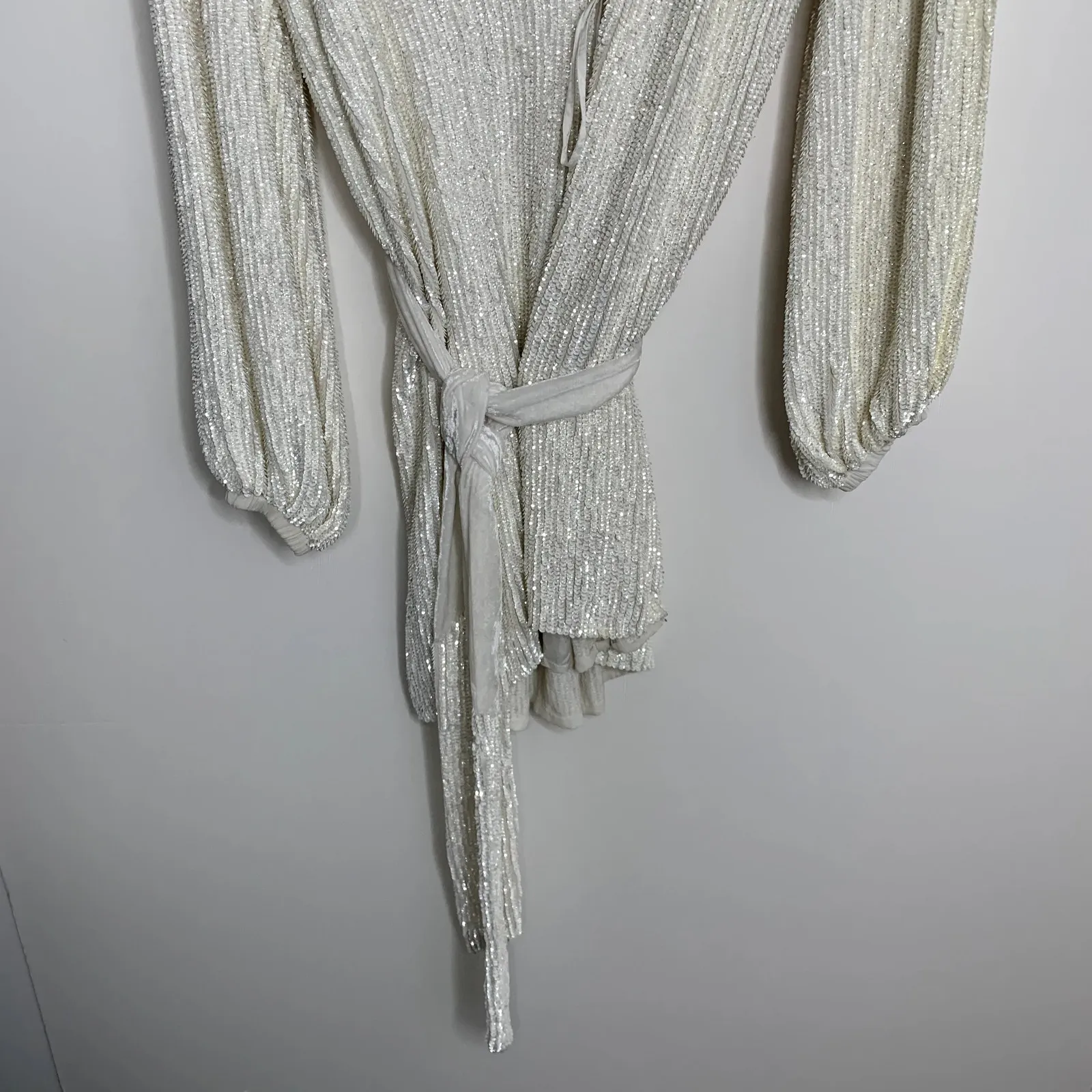 Retrofete Gabrielle Robe Sequins Wrap Mini Dress in Moonglow White Womens XS - Image 5