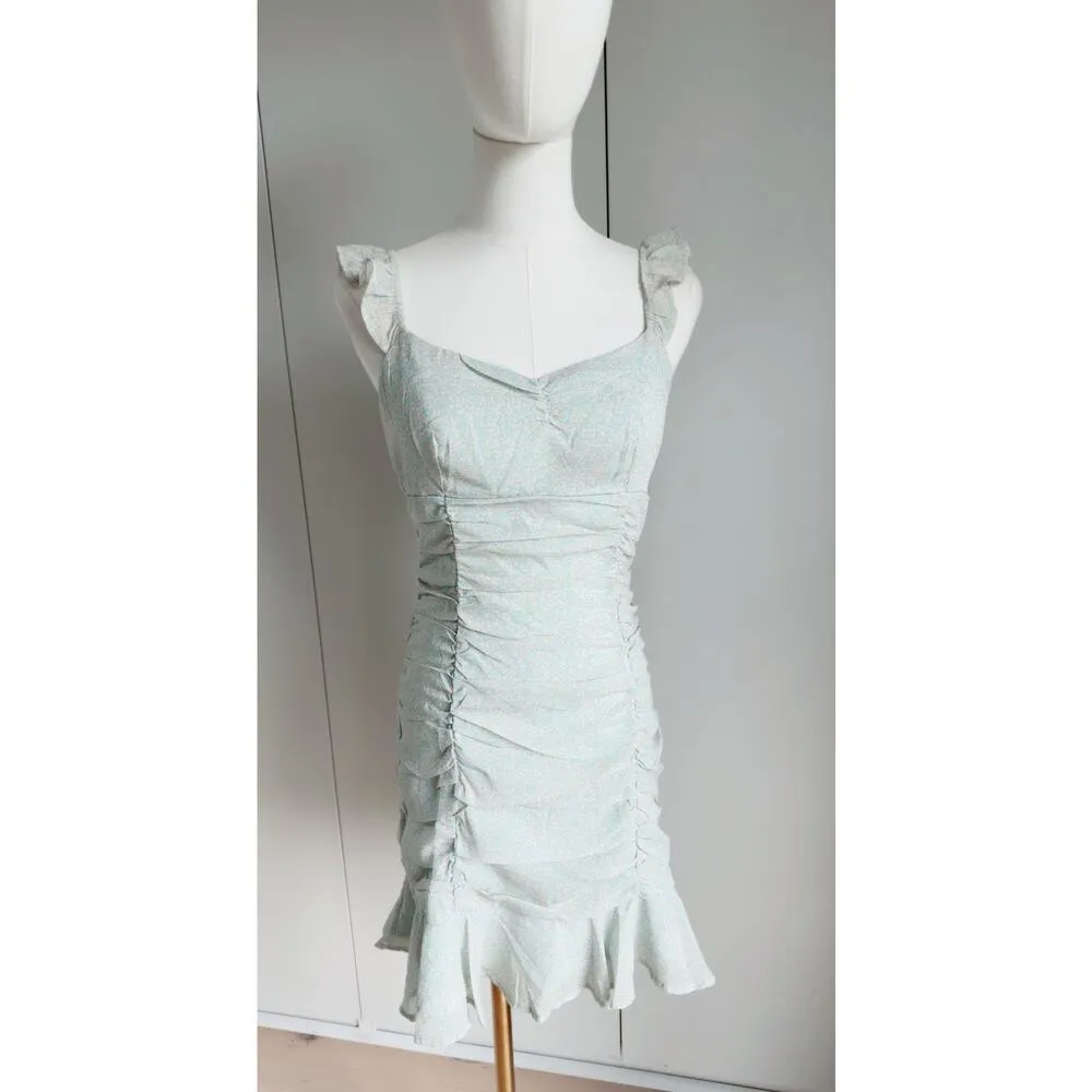 Storia Women's Dress Mini Mint Green Ditsy Floral Print Size Small Ruched Ruffle - Image 3