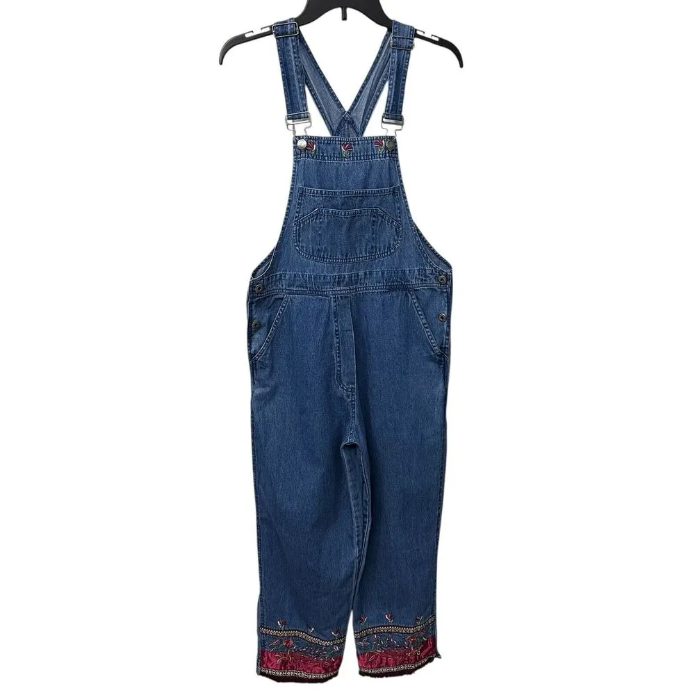 Agapo Agapo Women's Embroidered‎ Denim Overalls Size Small Floral Design Blue - Image 8
