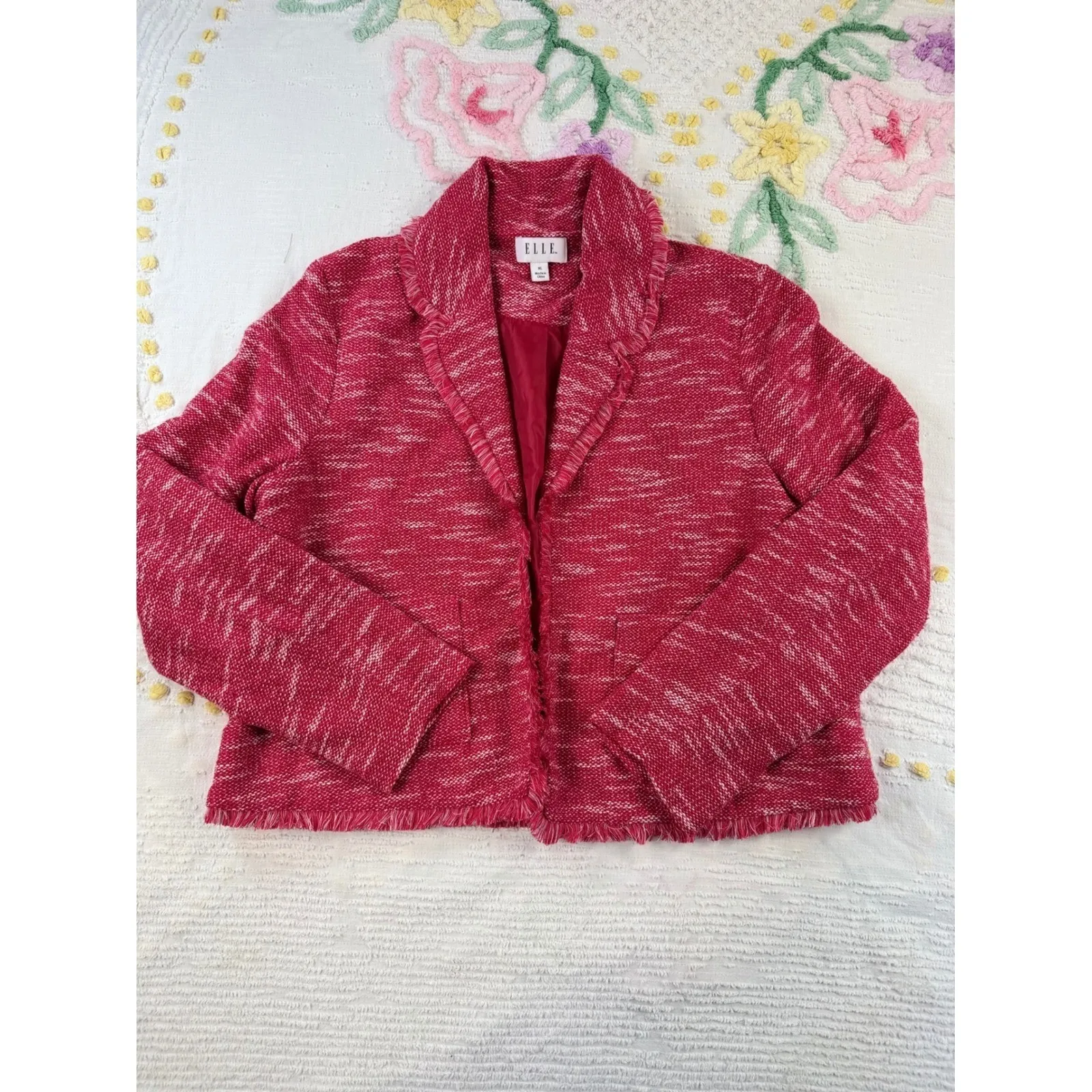 ELLE Fringed Tweed Cropped Blazer Jacket Pink White Career Wear Xl - Image 3