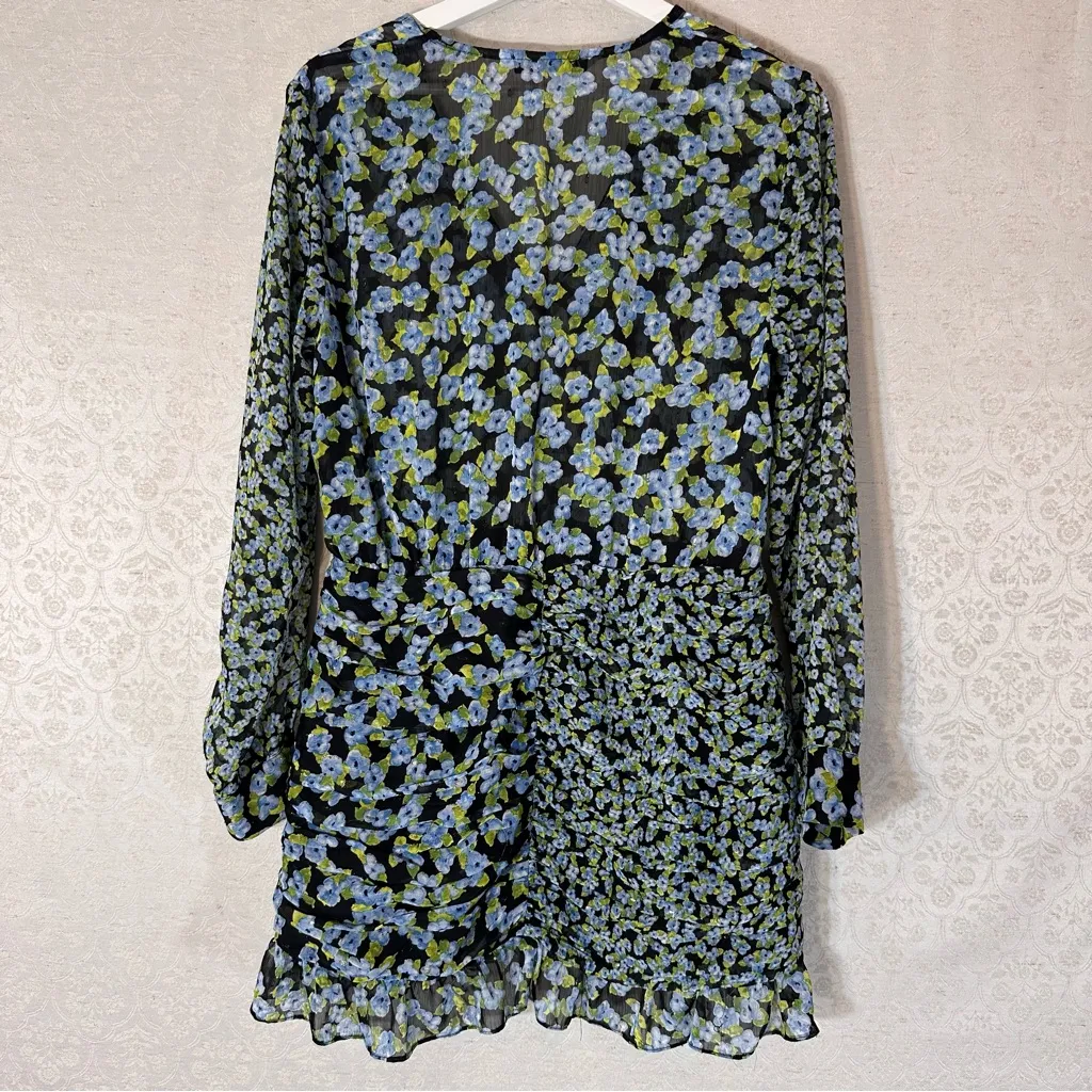 Zara Floral Print Black Blue Green Long Sleeve Mini Dress Large - Image 11