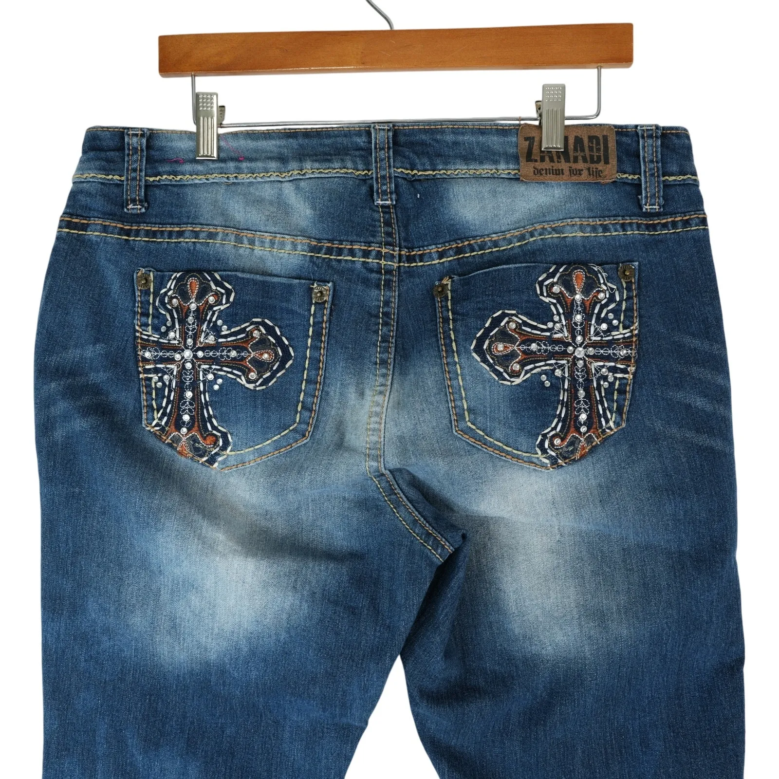 Vtg Zanadi Jeans Womens 18 (36x31.5) Blue Denim Cross Bling Embroidered Y2K - Image 2