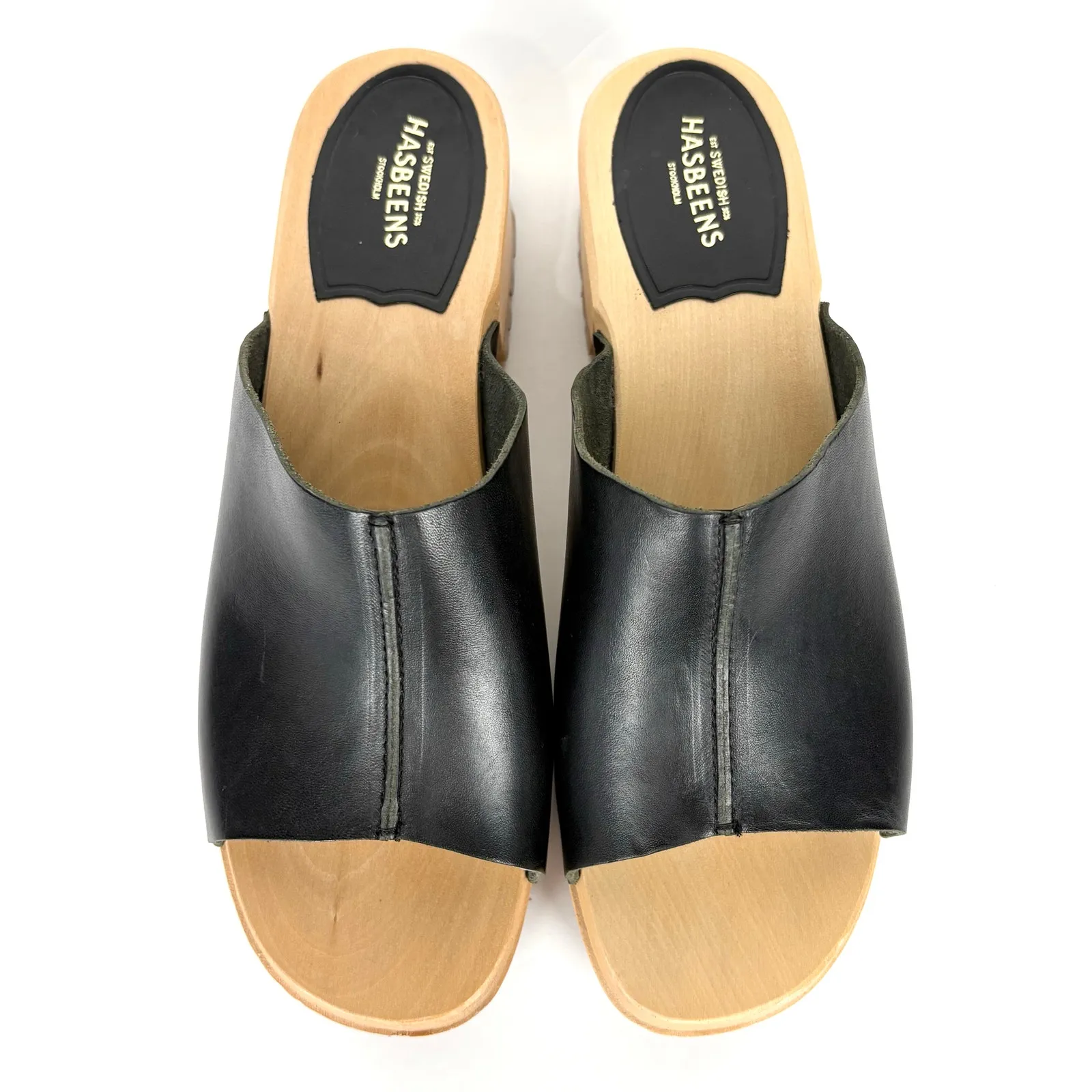 Swedish Hasbeens Ann Low Sandals Mules Clogs Black Leather Wooden Sole Size 41 - Image 8