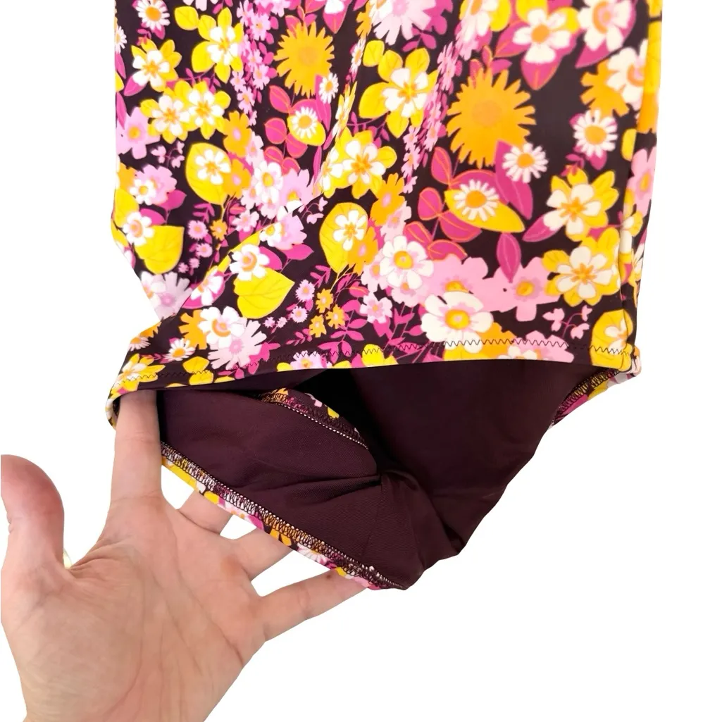 Aerie Floral One-Piece Swimsuit Floral Colorful Pink Orange Yellow Black M - Image 4