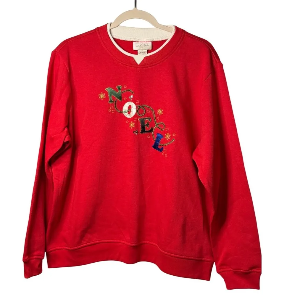 VTG Studio Works Holiday Noel Festive Sweatshirt Womens XL Red Embroidered 25.5" - Image 1