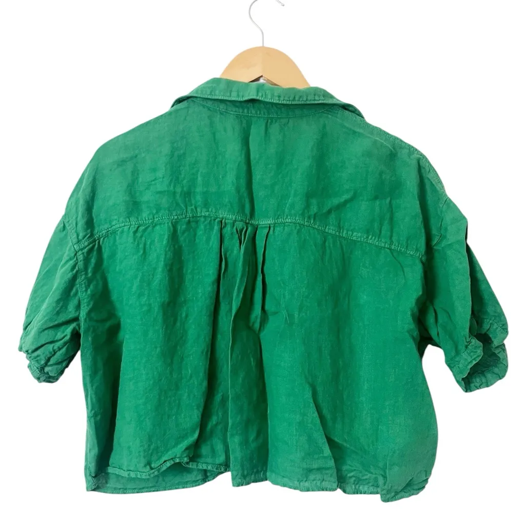 Zara Green Linen Cropped Button-Down Short Sleeve Shirt Size Large - Image 2