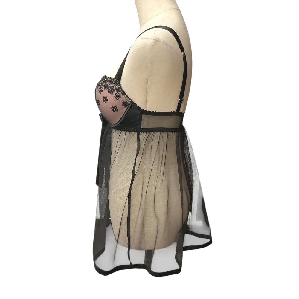 Victoria's Secret Underwire‎ Bra Babydoll Chemise Tie Front Sheer Black 34D - Image 5