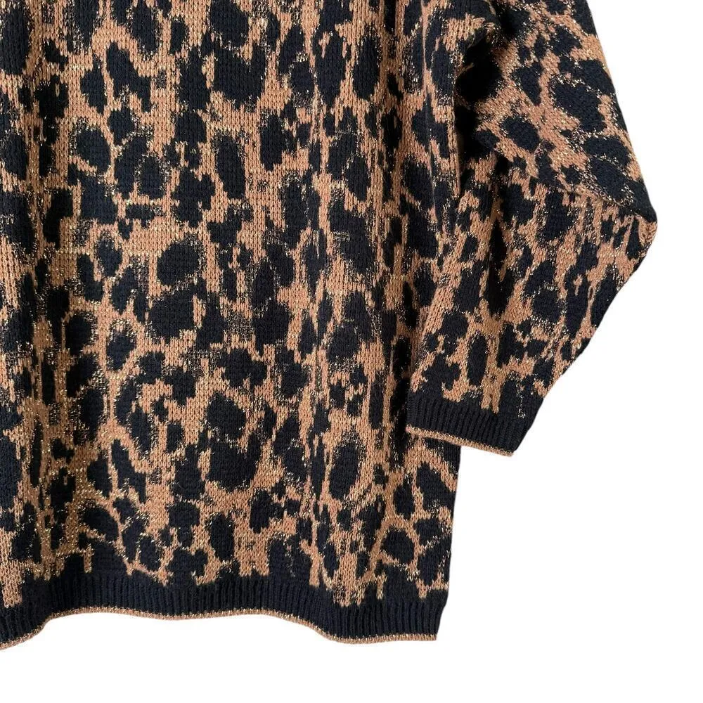 Vintage 80s Crewneck Leopard Pullover Knit Sweater Black Brown Metallic Gold, L Size L - Image 6