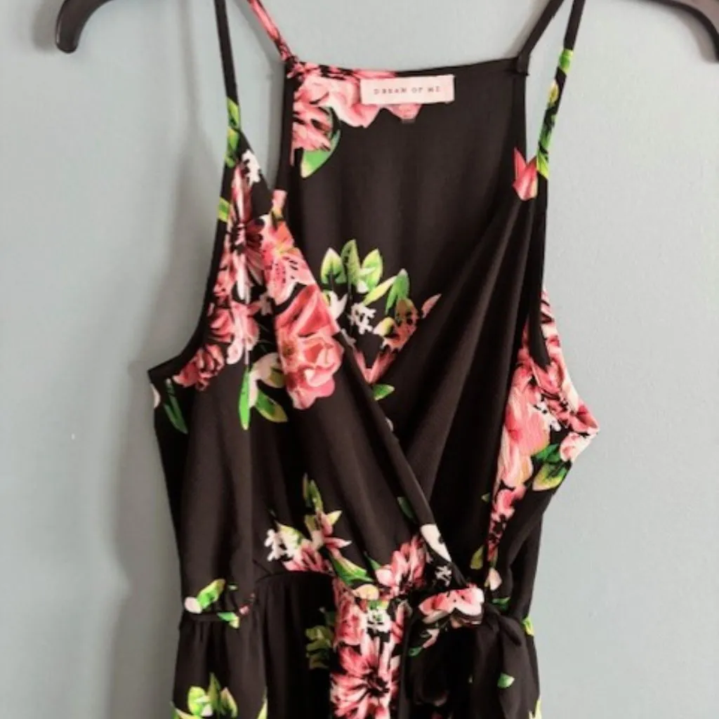 Dream of Me Black Floral Spaghetti Strap V Neck Slit Stretch Waist Maxi Dress L Pink Size L - Image 3