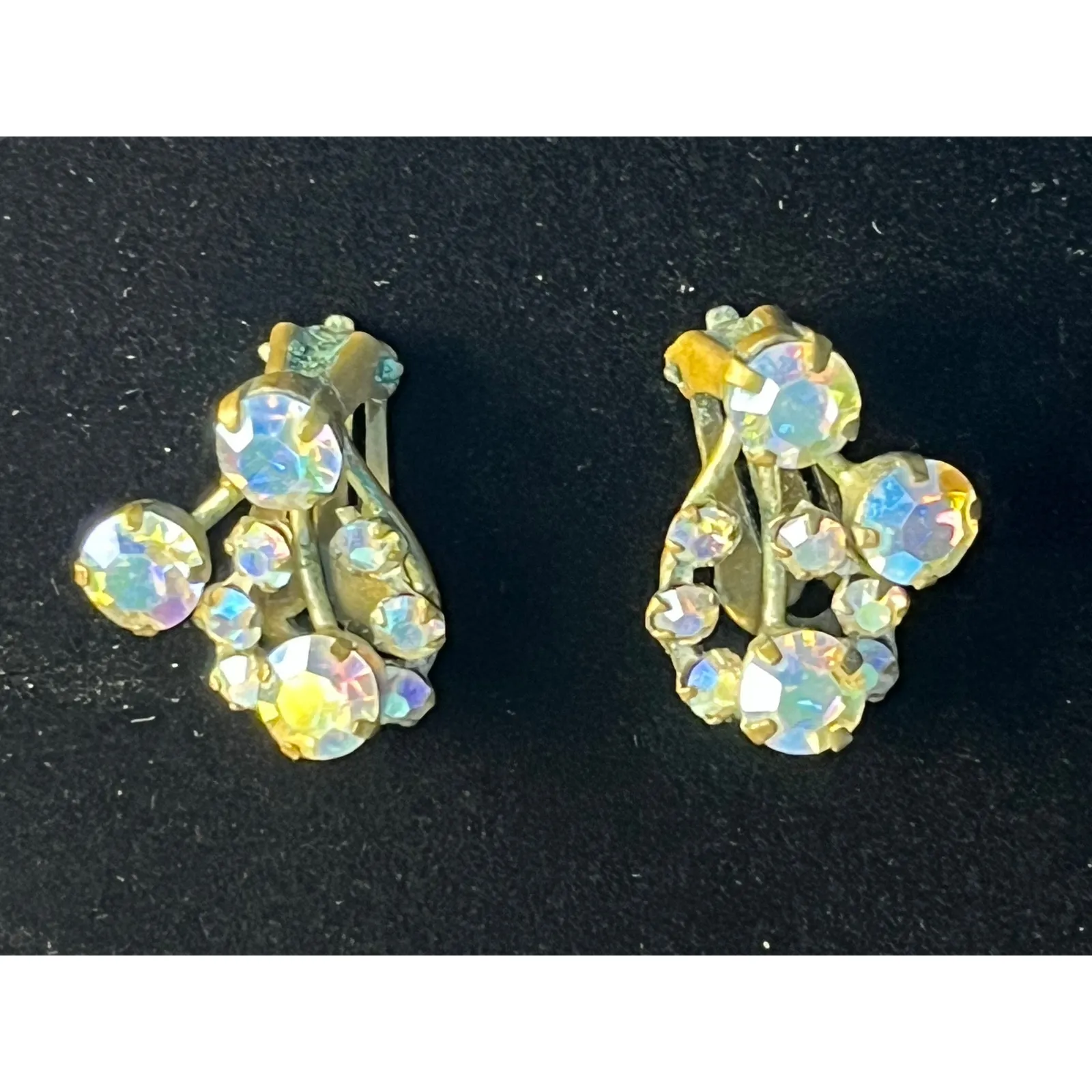 VTG Aurora Borealis Rhinestone Clip On Earrings Made In Austria Coquette Silver - Image 3