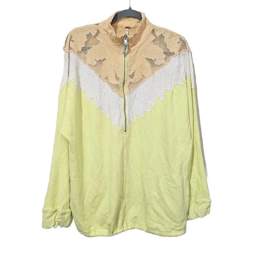 Free People Isla Quarter Zip Sweatshirt XS Oversized Lace Yoke Boho Lime Peach - Image 4