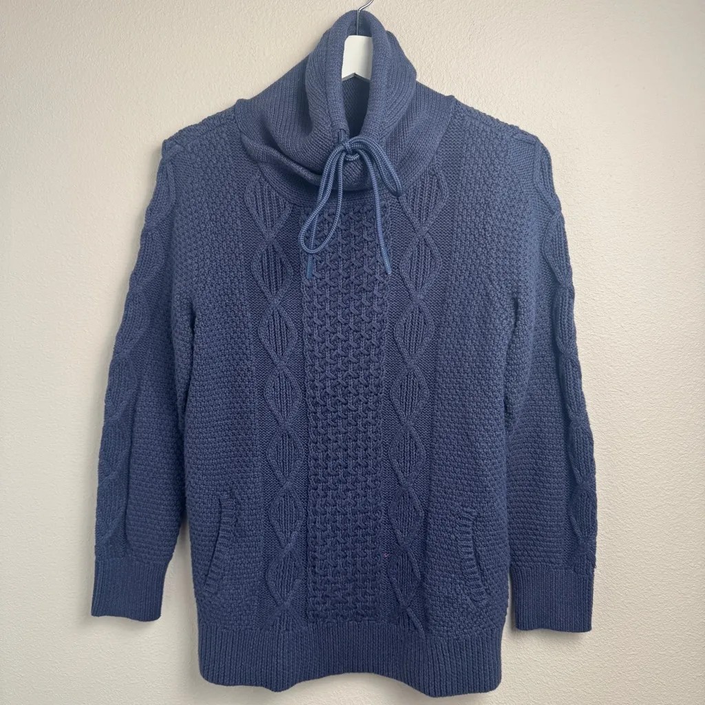 LL Bean Signature Sweater Women L Blue Cotton Funnel Neck Chunky Pocket Tunic Size L - Image 8