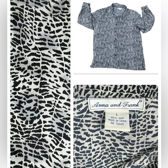 Anna & Frank Vintage 100% SILK Animal Print Long Sleeve Button Down Shirt Large Black - Image 2