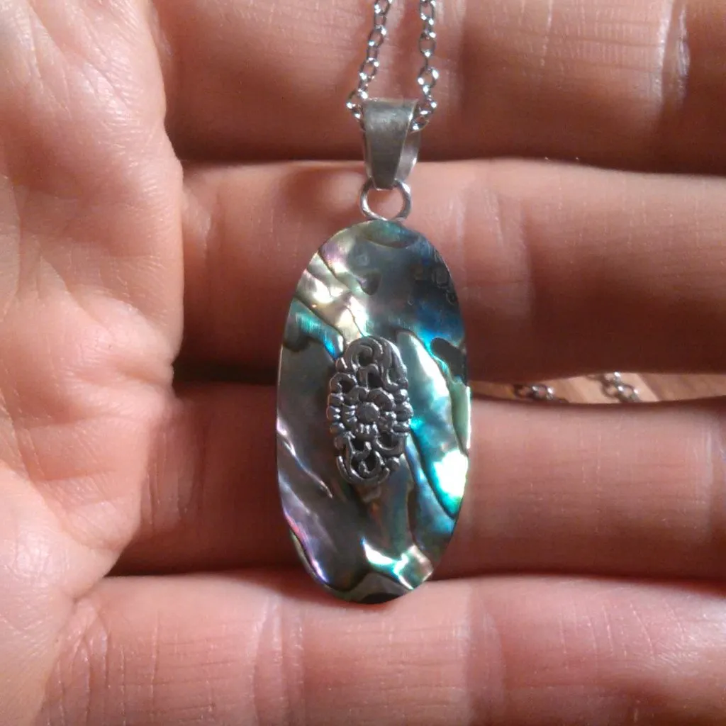 Floral Design Abalone Sterling Silver Pendant Stainless Steel Necklace - Image 2