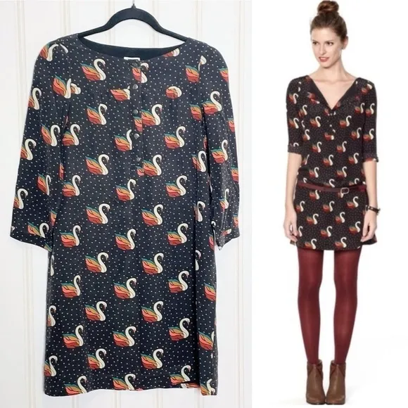 Fossil  Swan Print Silk Shift Dress Black XS -186 - Image 2