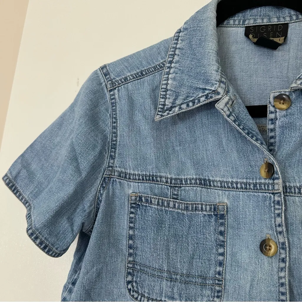 Vintage Sigrid Olsen Sport Chambray Button Down Blouse Short Sleeve Womens Small Blue - Image 3