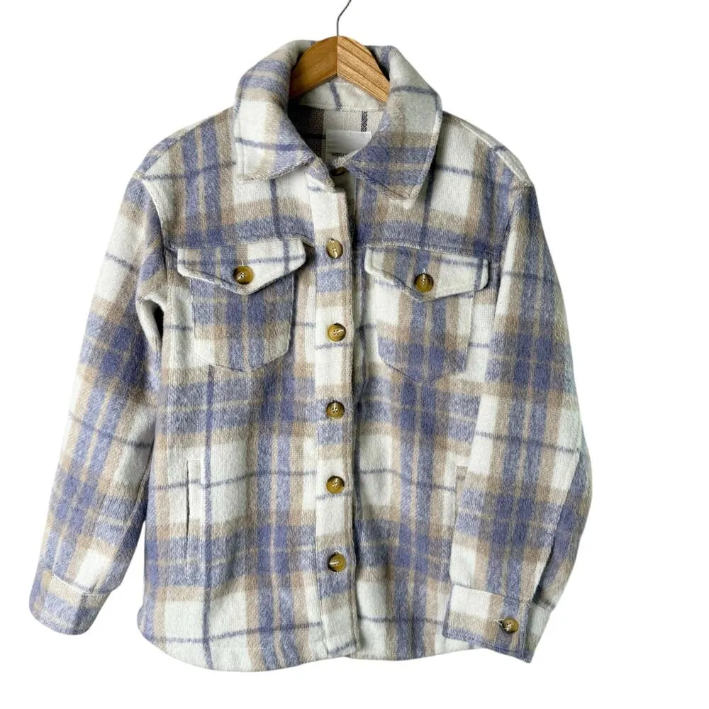 AVEC LES FILLES Plaid Shacket Fleece Jacket in Lavender Purple‎ & Cream, Small - Image 2