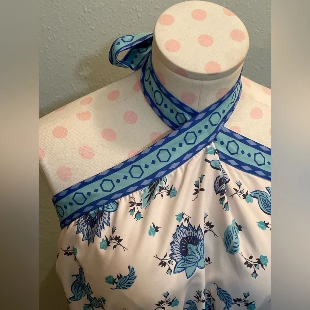 NWOT BOUTIQUE Women’s halter neck romper blue paisley print Sz S - Image 4