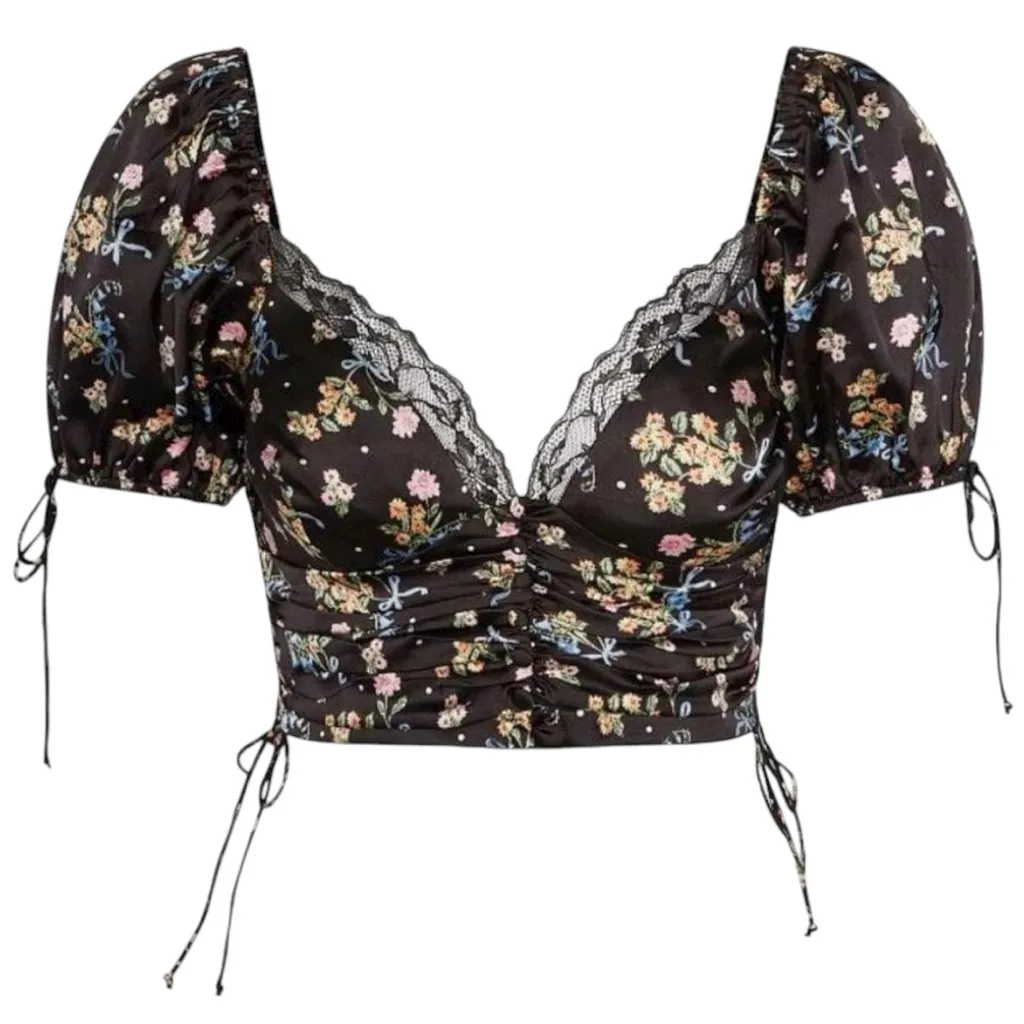 For Love & Lemons Women’s Size S Black Floral Satin August Cropped V-Neck Top - Image 5