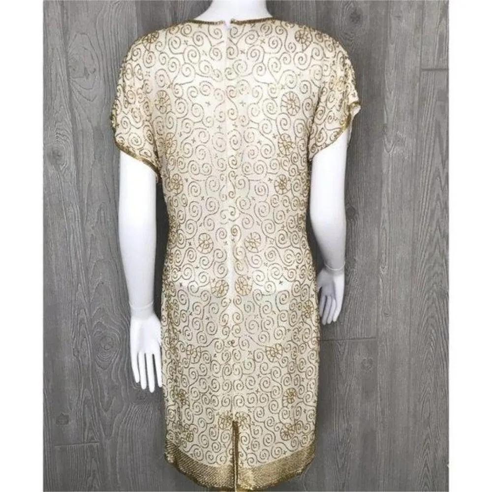 Nwt laurence kazar beaded scroll formal capped sleeve dress gold & white silk pl - Image 4