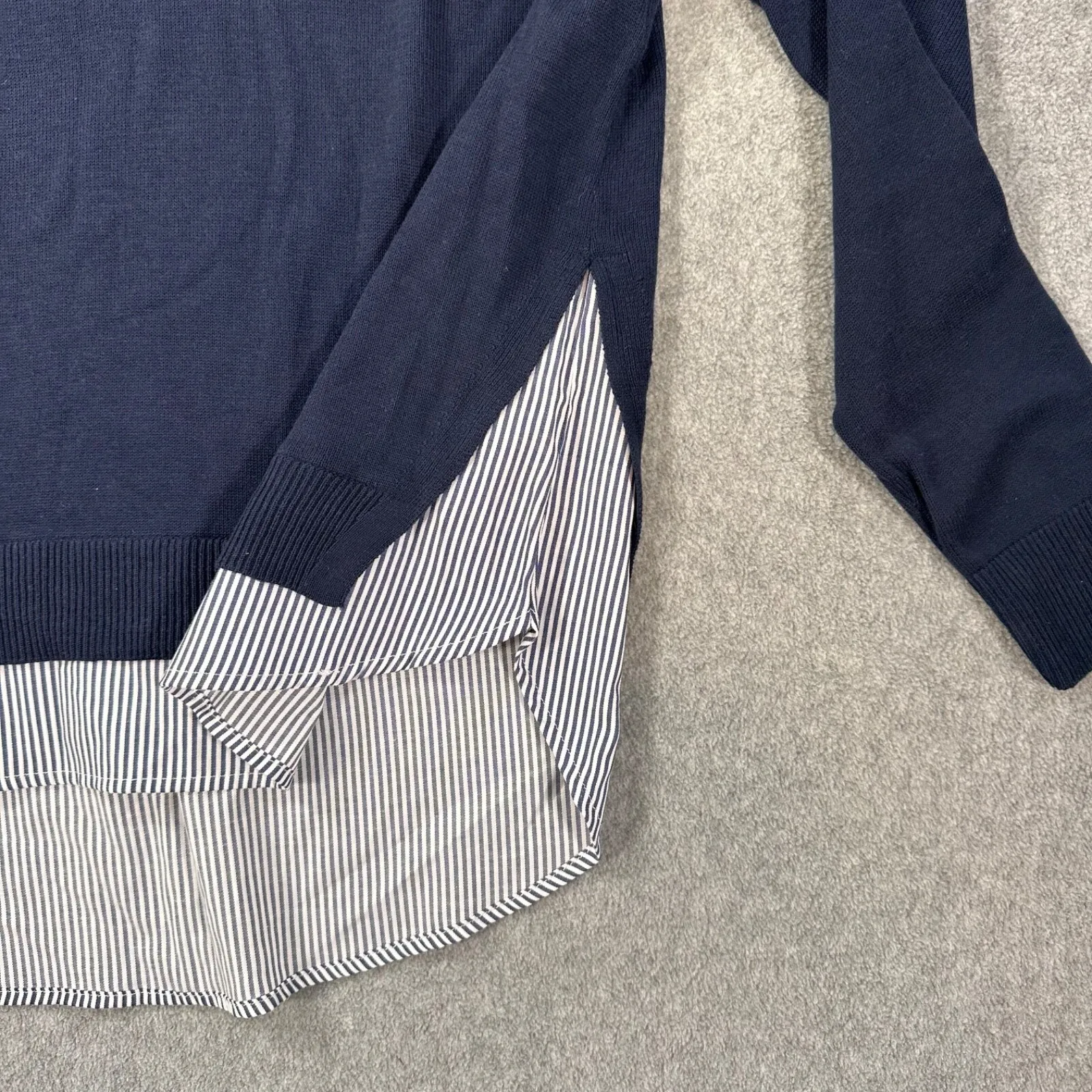 Crown & Ivy Layered Sweater Floral Embroidered Women's Large Navy Blue Stripe - Image 3