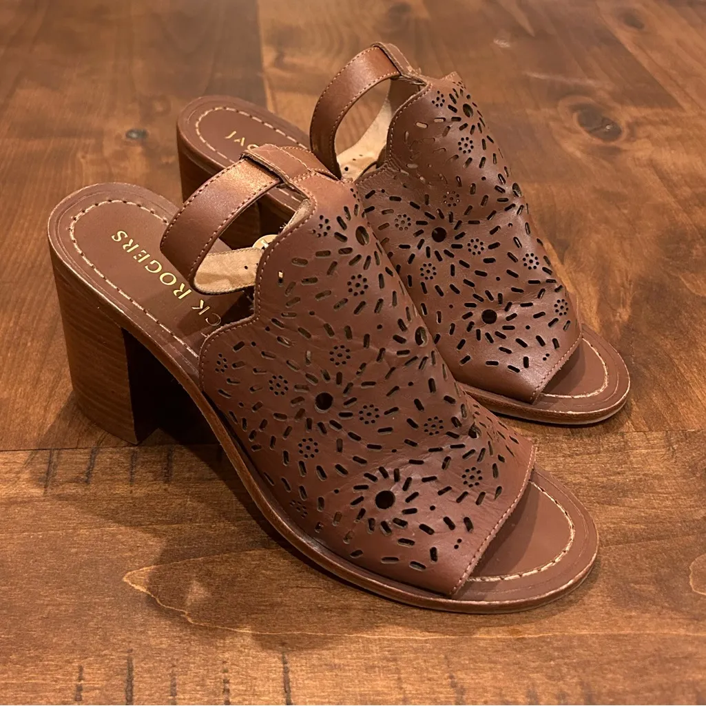 Jack Rogers Ronnie Laser Cut Ankle Strap Chunky Block Heel Sandals Brown 7.5 - Image 3