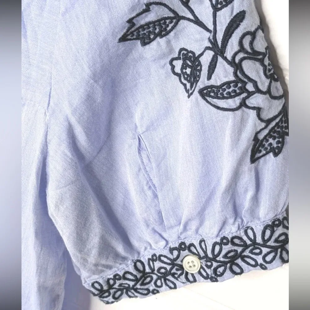 Loft Embroidered Cotton Short Sleeve Shirt Blue Small Boho Prep - Image 3