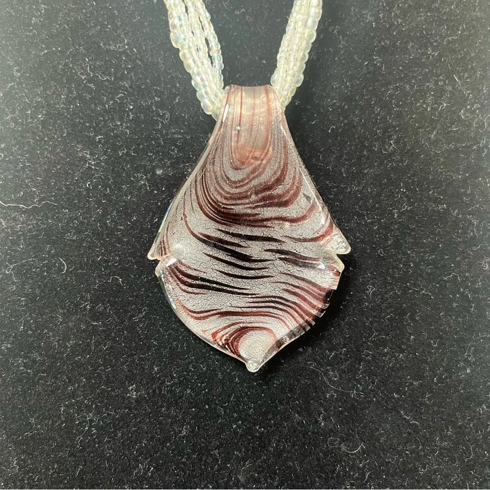 Glass Pennant Necklace White Purple Beaded - Image 2