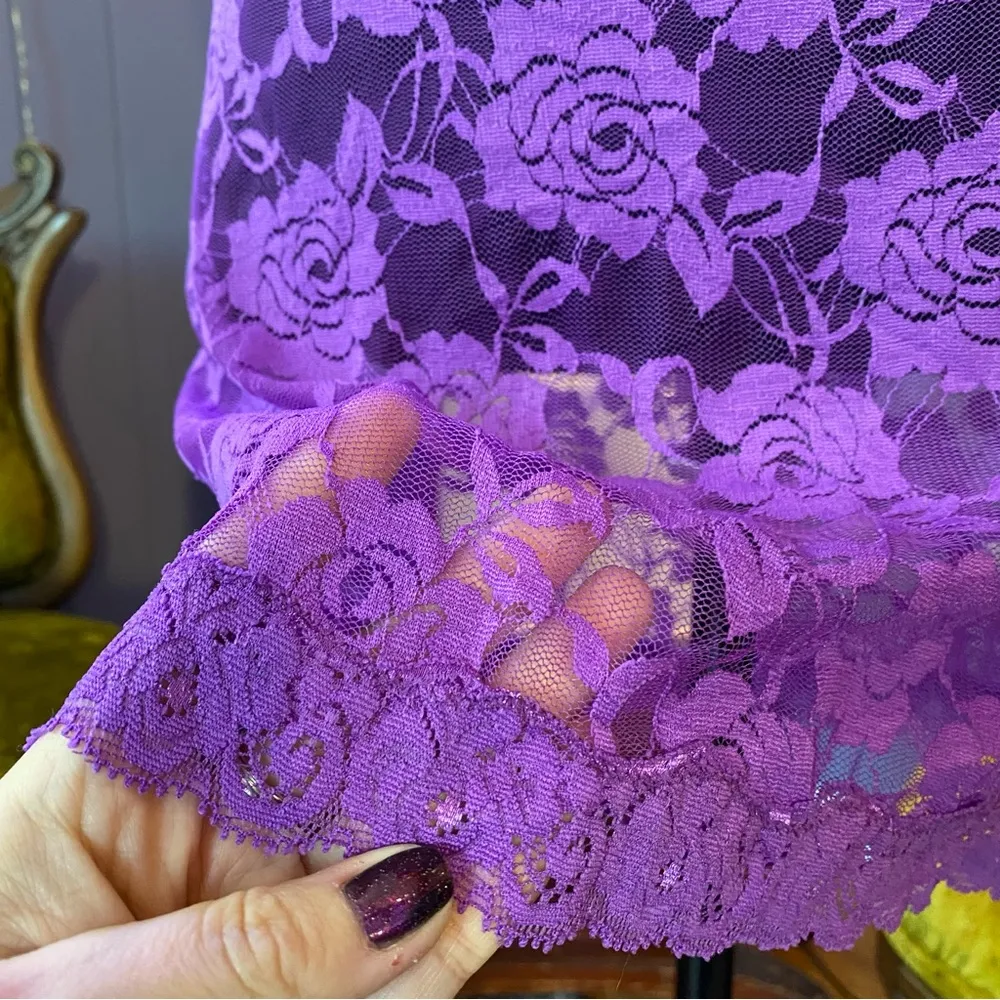 Y2K Purple Lace Lingerie Slip Dress – Sheer Floral Mini Size Medium - Image 3