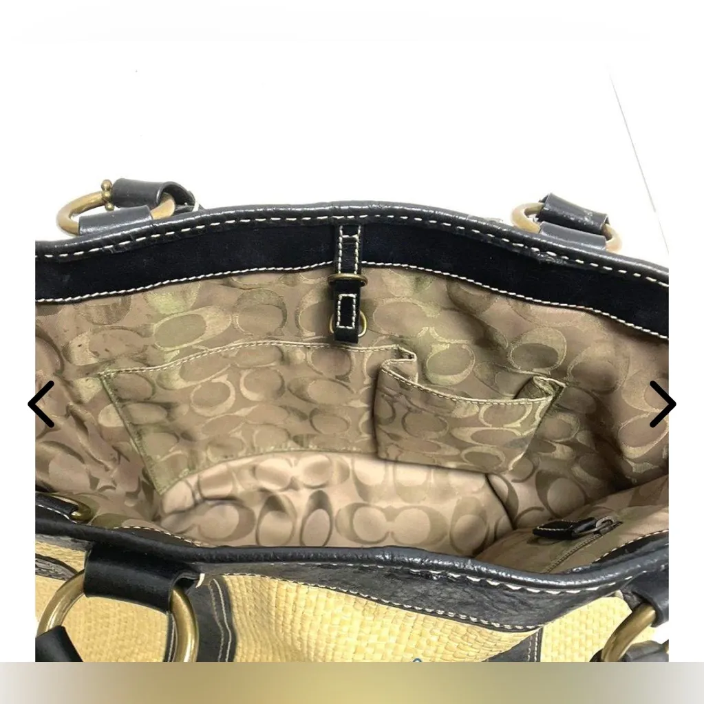 Coach Legacy Black/Cream Leather Woven Straw Rattan Tote Satchel Purse Bag - Image 6