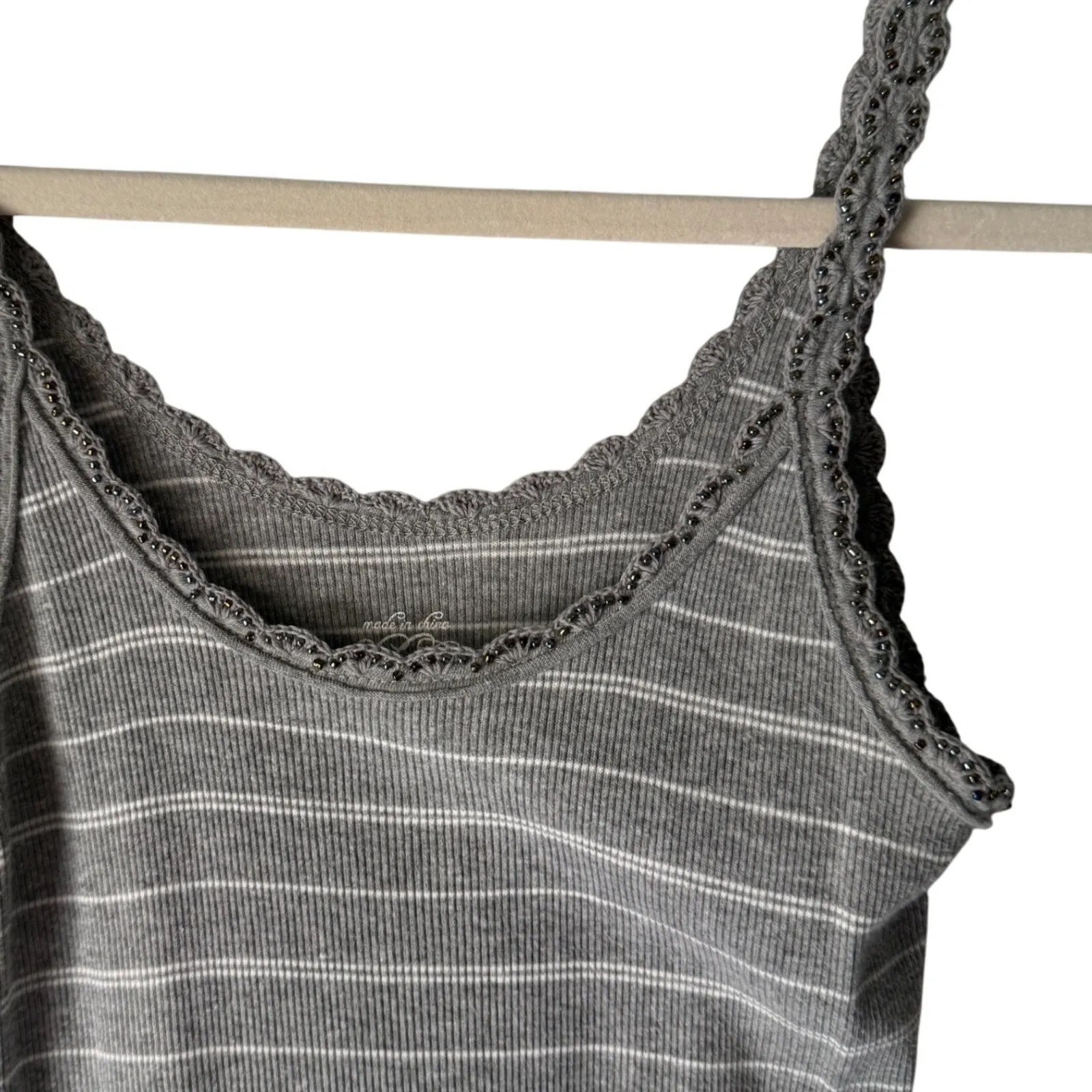 Y2k Gray Striped Tank Top Love Style Beaded‎ Ribbed Knit Lace Trim S Medium - Image 2