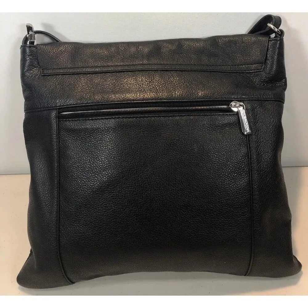 HEXAGONA BLACK LEATHER Messenger Crossbody Purse Handbag - Image 3