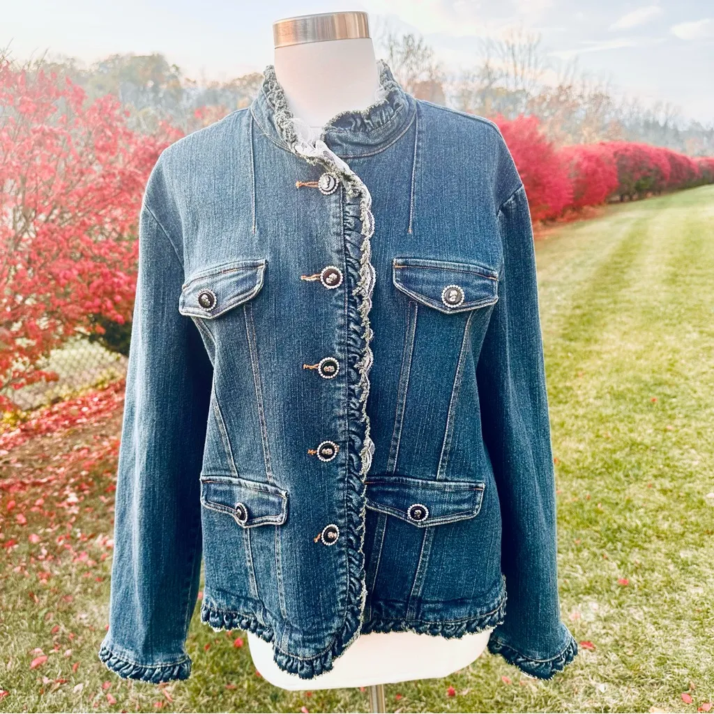 Berek 2 Rhinestone & Cameo Button Jean Jacket By Takako Sakon Size XL Blue - Image 2