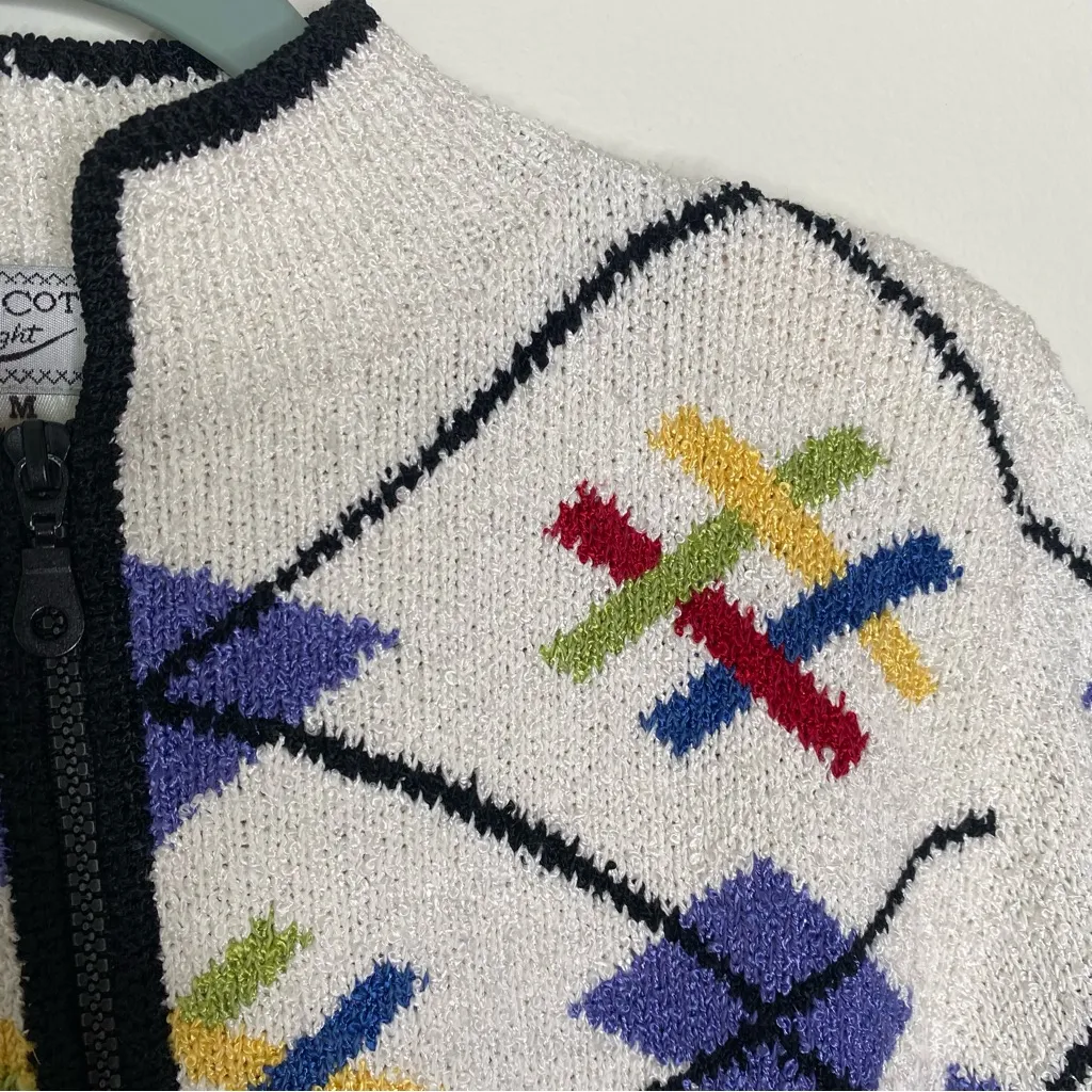 Vintage South Cotton Light Zip Geometric Cardigan Sweater M Made in Bolivia Size M - Image 10