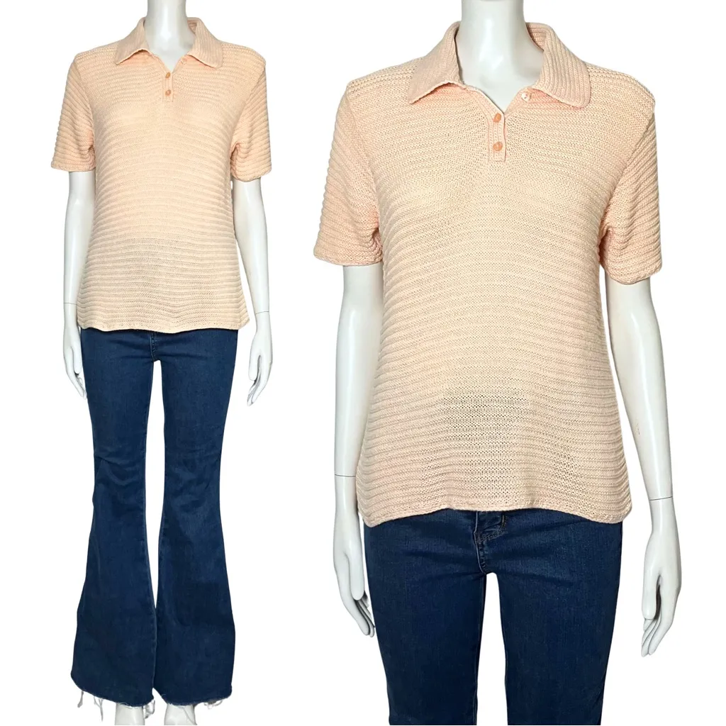 Vintage 80s Liz Claiborne Peach Linen Cotton Blend Knit Polo. S/M. Preppy Retro - Image 2